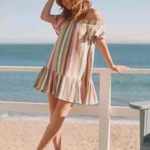 Marine Layer Shirley Stripe Off Shoulder Cotton Minidress in Bold Multi size XL - Picture 2 of 9